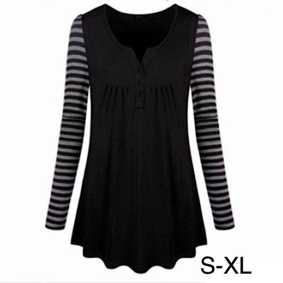 V-Neck Henley Striped Sleeves S/L/XL - Picture 1 of 10